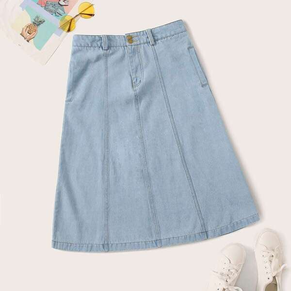 

Light Wash Topstitching A-line Denim Skirt, Blue