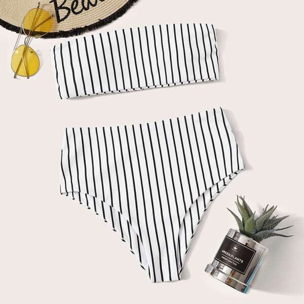 

Striped Bandeau With High Waist Bikini Set