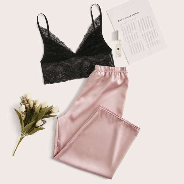 

Floral Lace Bralette & Satin Pants PJ Set