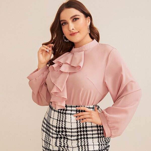 

Plus Ruffle Trim Keyhole Back Chiffon Blouse, Pink
