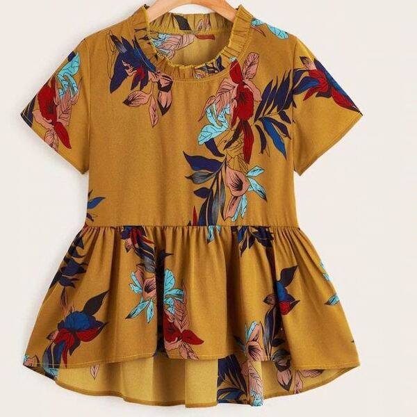 

Plus Leaf Print Frill Neck Smock Blouse, Yellow
