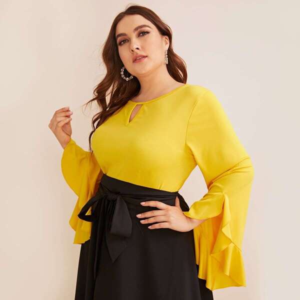 

Plus Keyhole Front Flounce Sleeve Blouse, Yellow