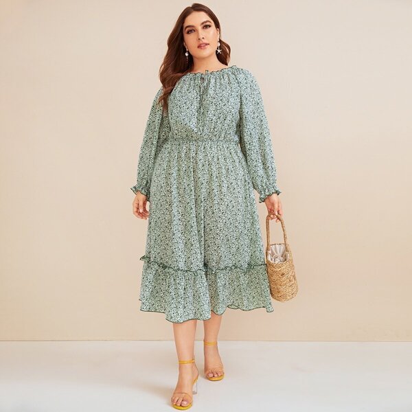 

Plus Ditsy Floral Frill Trim Dress, Green