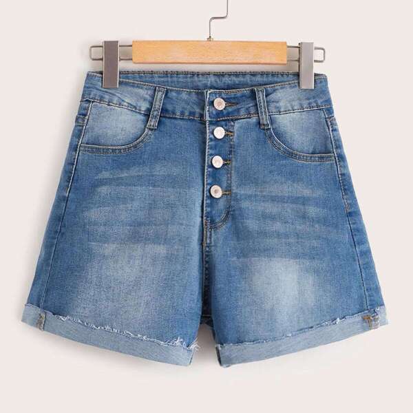 

Plus Button Detail Cuffed Hem Denim Shorts
