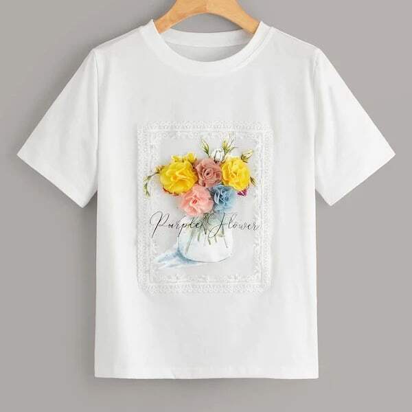 

Plus Lace Contrast Flower Appliques Tee, White