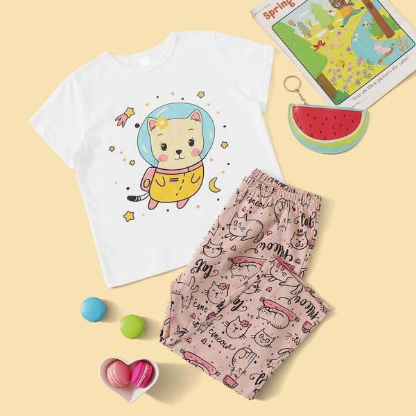 

Toddler Girls Cat & Letter Graphic Pajama Set, Multicolor