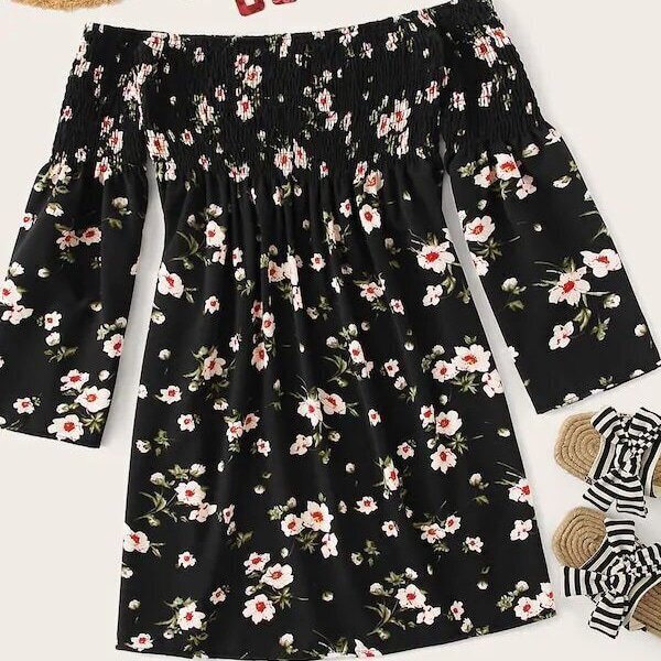 

Plus Floral Shirred Off Shoulder Dress