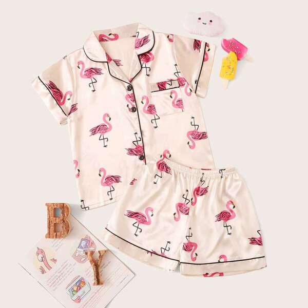 

Girls Flamingo Print Satin Pajama Set, Multicolor