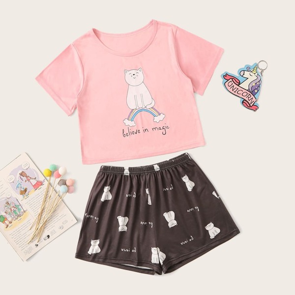 

Girls Cat & Letter Print Pajama Set