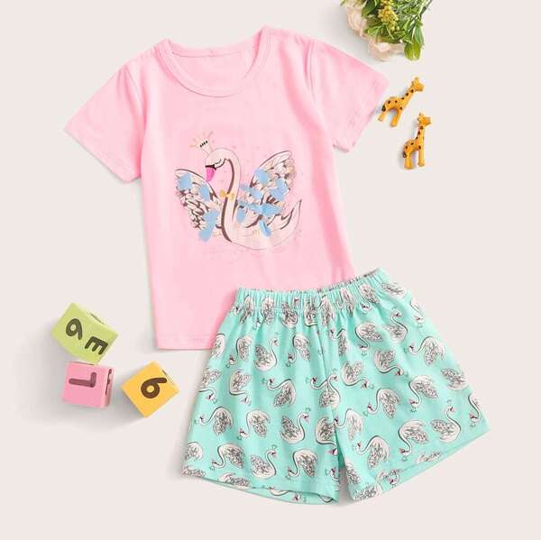 

Toddler Girls Swan Print Pajama Set