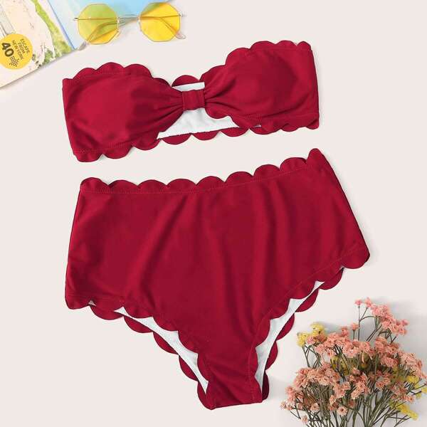 

Scallop Trim Bandeau With High Waist Bikini Set