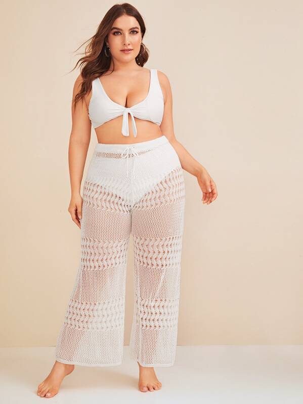 

Plus Hollow Out Crochet Drawstring Waist Pants, White, Franziska