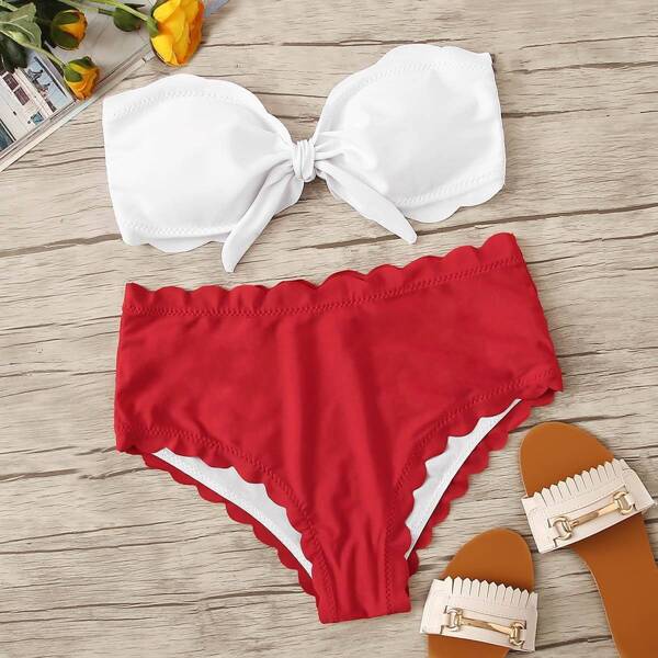 

Knot Front Bandeau With Scallop Trim Bikini Set