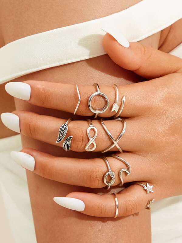 

Leaf & Star Decor Ring 10pcs, Silver