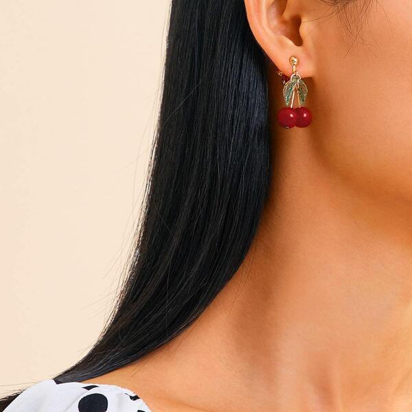 

Leaf & Cherry Drop Ear Clip 1pair