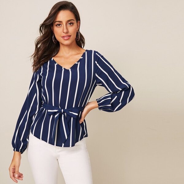 

V-Neck Striped Belted Blouse, Navy