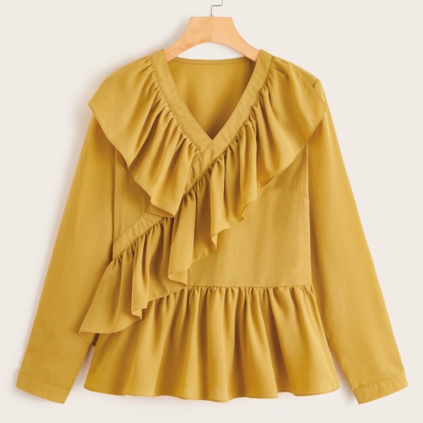 

Ruffle Hem V-neck Peplum Blouse