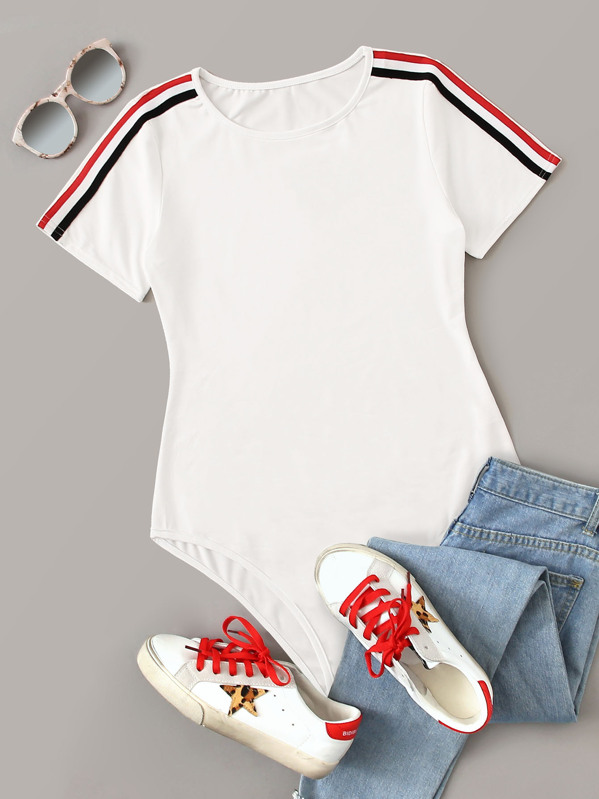 

Stripe Tape Short Sleeve Skinny Bodysuit, White