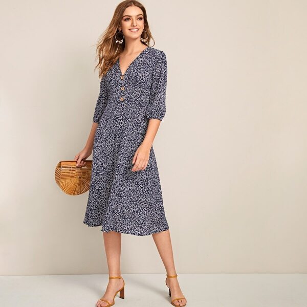 

Ditsy Floral Print Button Front Dress, Navy