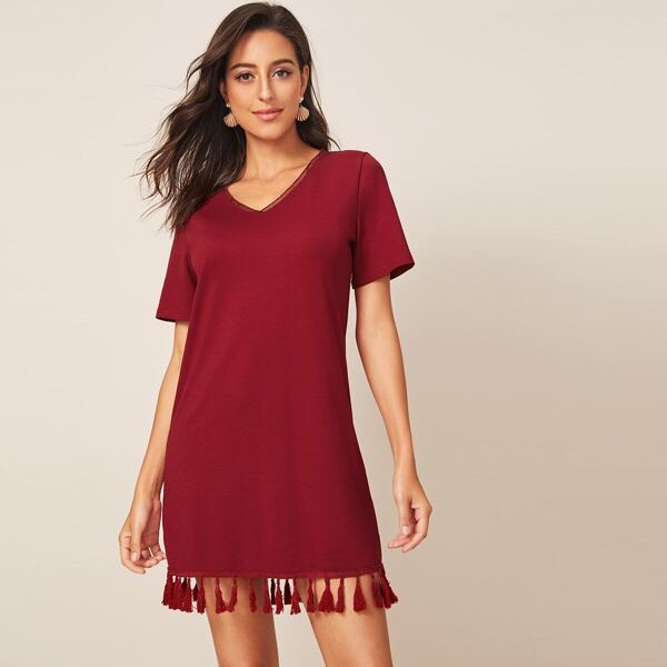 

Fringe Hem V-neck Tee Dress