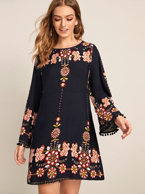 

Floral Print Contrast Fringe Dress, Black, Luiza