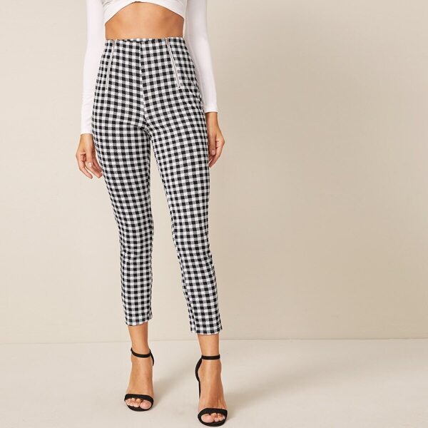 

Zip Detail Gingham Skinny Pants, Black and white
