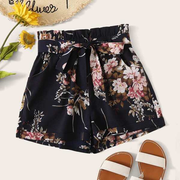 

Floral Print Belted Wide Leg Shorts, Navy blue