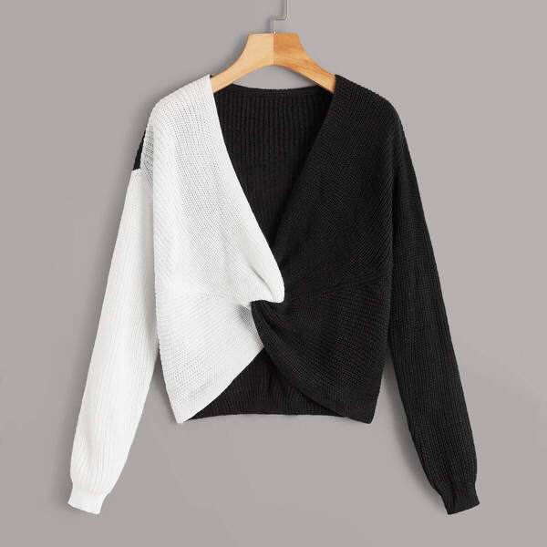 

Two Tone Twist Detail Sweater, Black and white