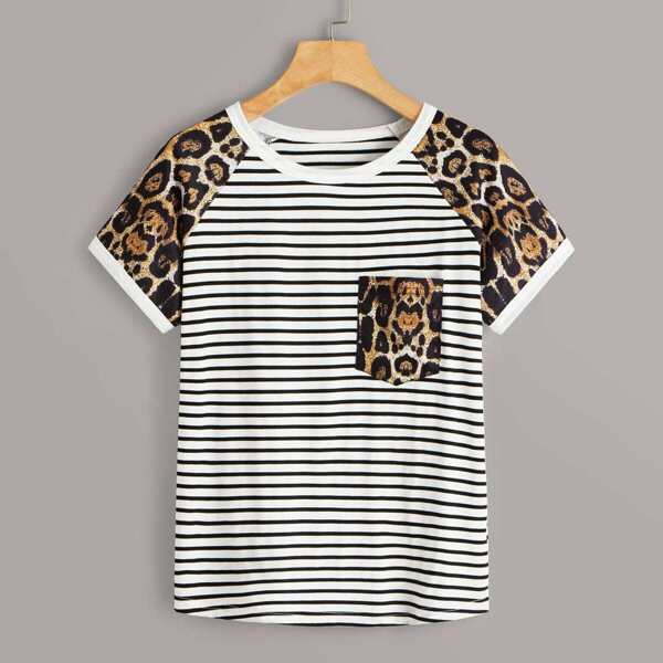 

Contrast Leopard Print Sleeve Striped Tee