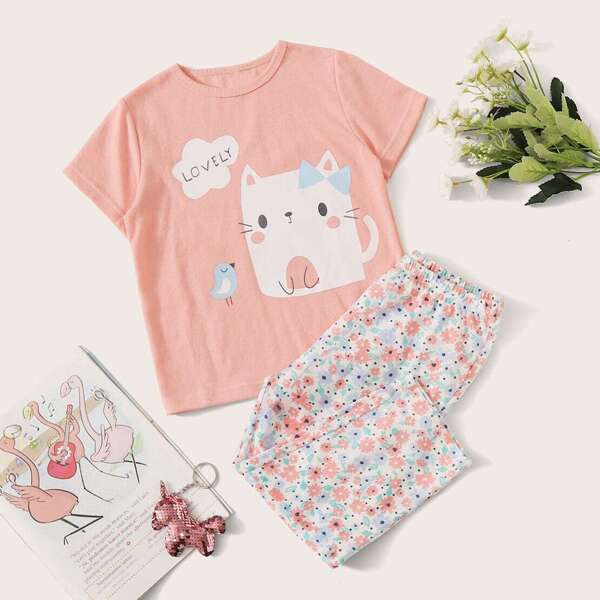 

Toddler Girls Cat & Floral Print Pajama Set, Multicolor