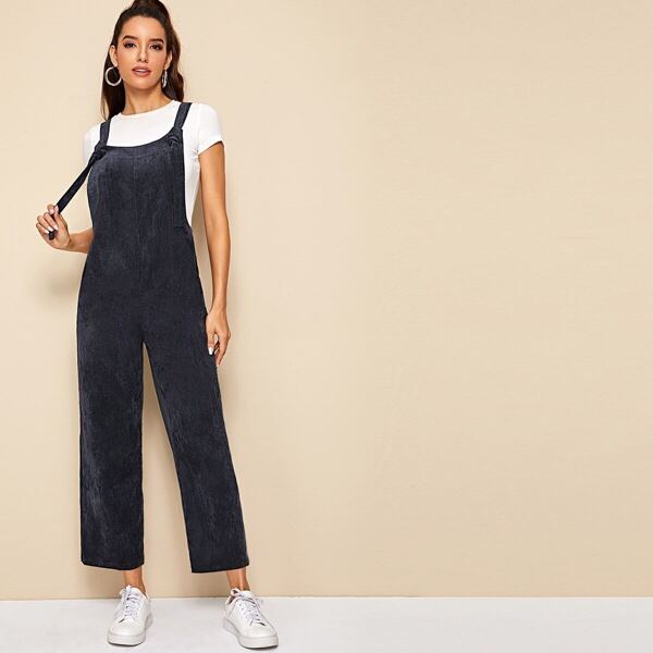 

Solid Slant Pocket Cord Pinafore Jumpsuit, Navy