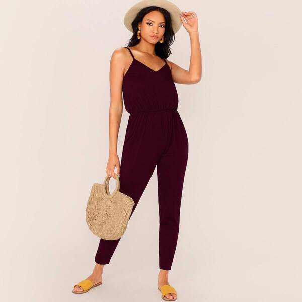 

Solid Blouson Waist Slip Jumpsuit, Burgundy