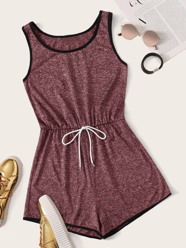 

Contrast Binding Drawstring Waist Romper, Burgundy
