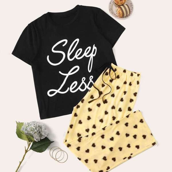 

Plus Slogan Graphic Top & Heart Print Pants Pj Set