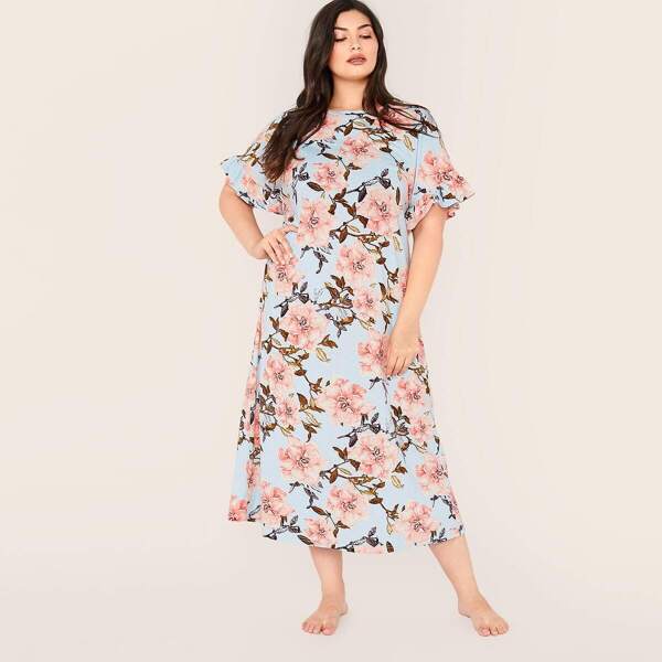 

Plus Floral Print Ruffle Cuff Nightdress