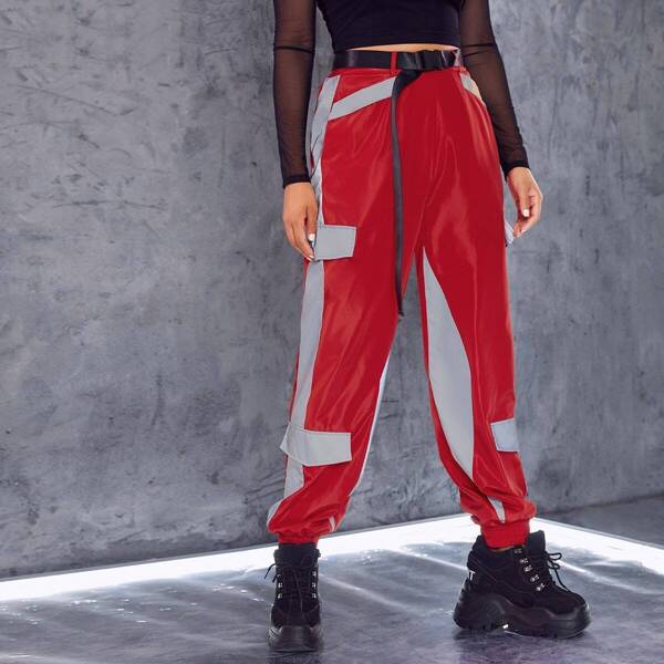 

Push Buckle Belted Two Tone Reflective Wind Pants, Red bright