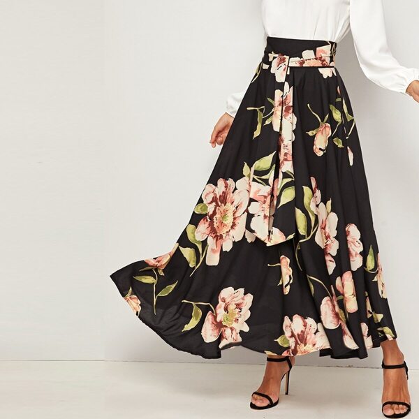 

Wide Waistband Tie Front Floral Print Swing Skirt, Multicolor