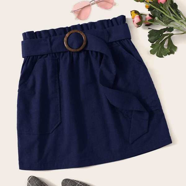 

Plus Solid Paperbag Waist Belted Pocket Skirt