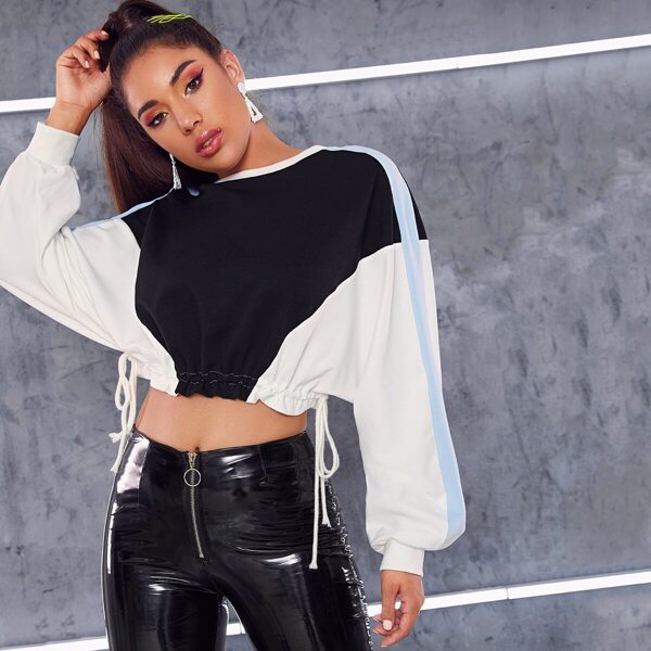 

Colorblock Drawstring Hem Sweatshirt, Black and white