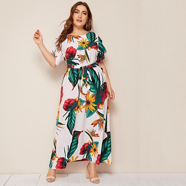 

Plus Tropical And Floral Print Petal Sleeve Belted Dress
