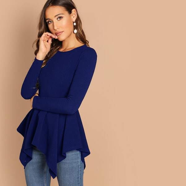 

Solid Ruffle Asymmetrical Hem Top, Navy