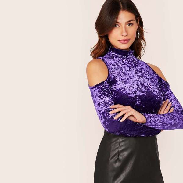 

Mock Neck Cold Shoulder Velvet Top