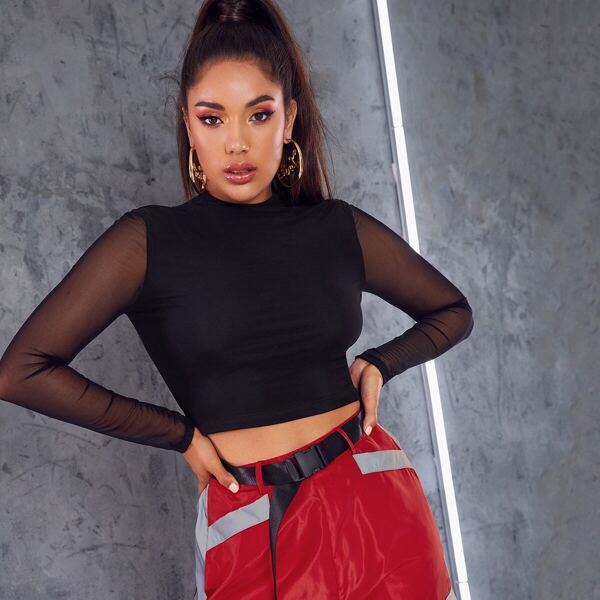 

Solid Mesh Sleeve Stand Neck Top, Black
