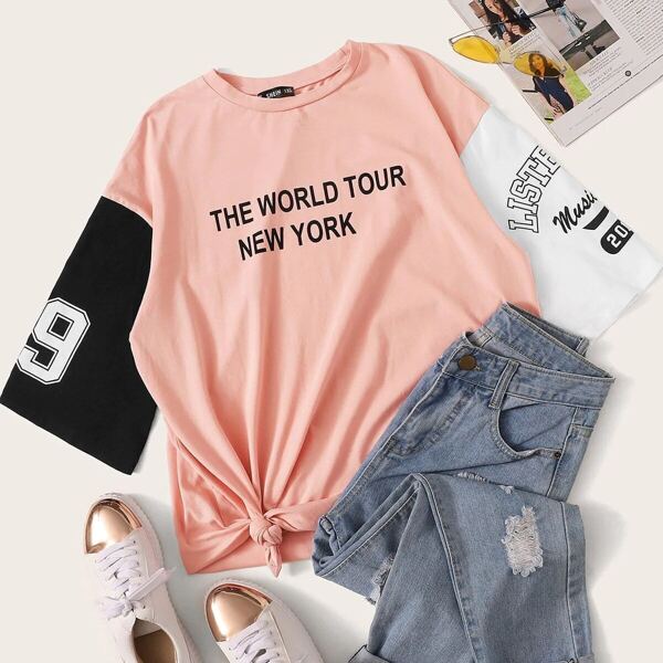 

Plus Slogan Graphic Colorblock Tee, Pink pastel