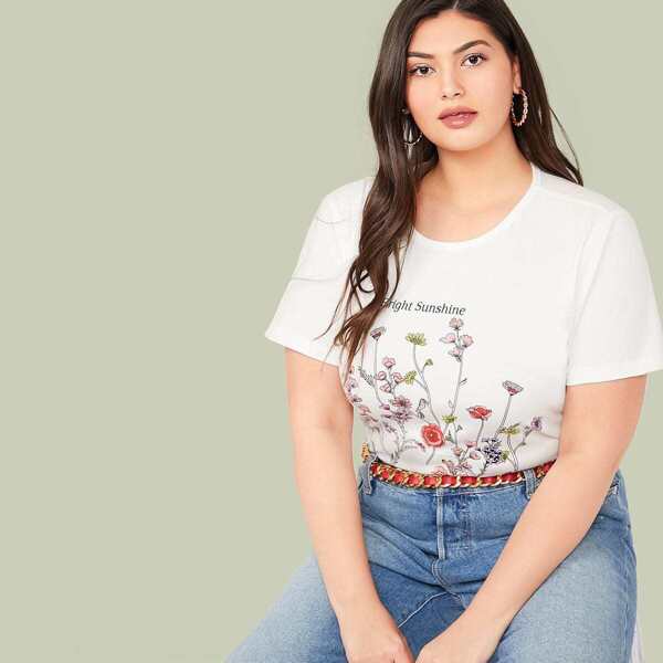 

Plus Slogan & Flower Print Tee