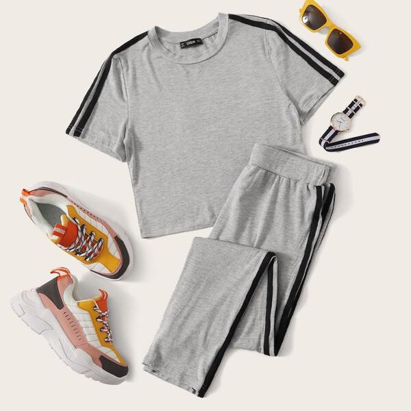 

Striped Side Top & Elastic Waist Pants Set, Grey