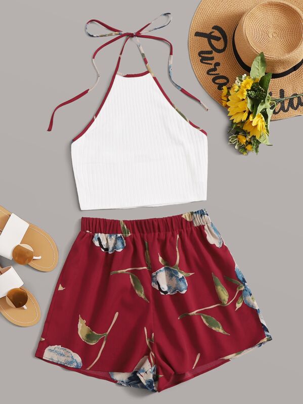 

Rib-knit Halter Top & Floral Print Shorts Set, Multicolor