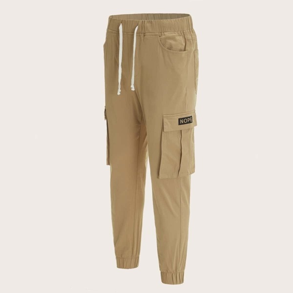 

Men Drawstring Waist Letter Flap Pocket Side Cargo Pants, Khaki