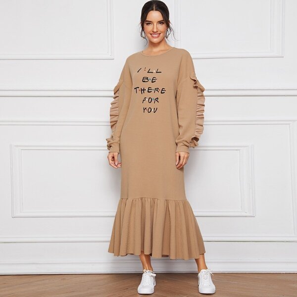 

Drop Shoulder Ruffle Trim Slogan Print Dress, Khaki