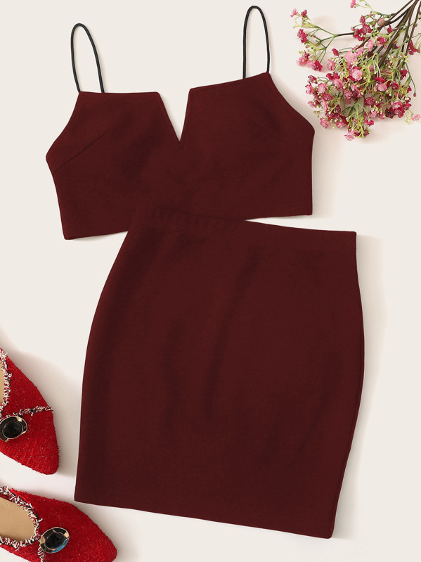 

Notch Neck Cami Top & Skirt Set, Burgundy